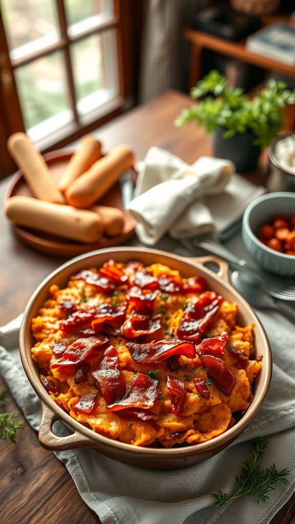 Sweet potato casserole topped with maple bacon in a rustic dish, served on a wooden table.