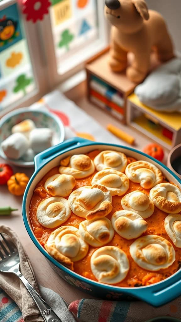 A delicious Sweet Potato Casserole topped with toasted marshmallows, perfect for kids' parties.