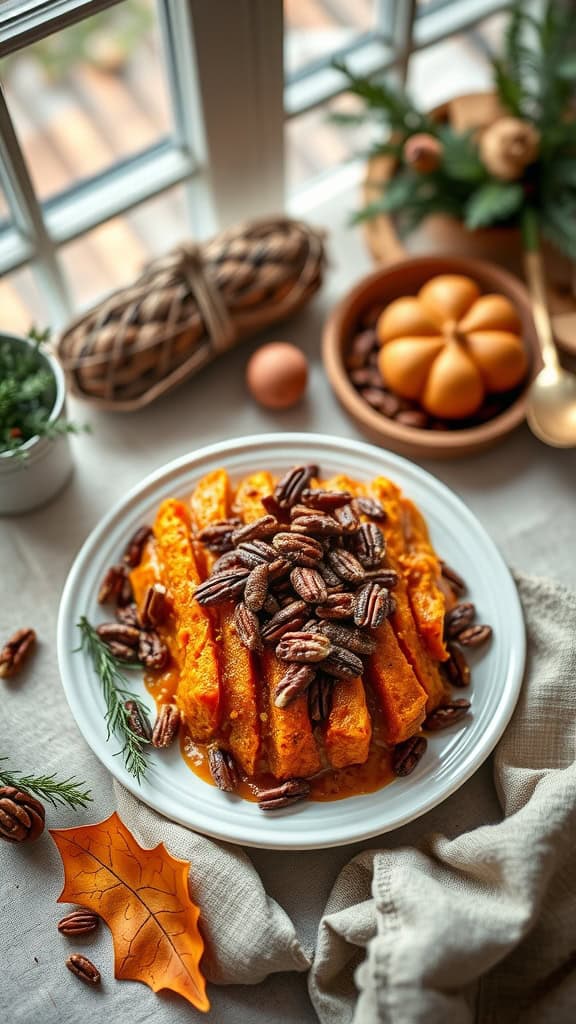 Sweet Potato Casserole with Spiced Pecans, featuring a golden topping and a cozy winter setting