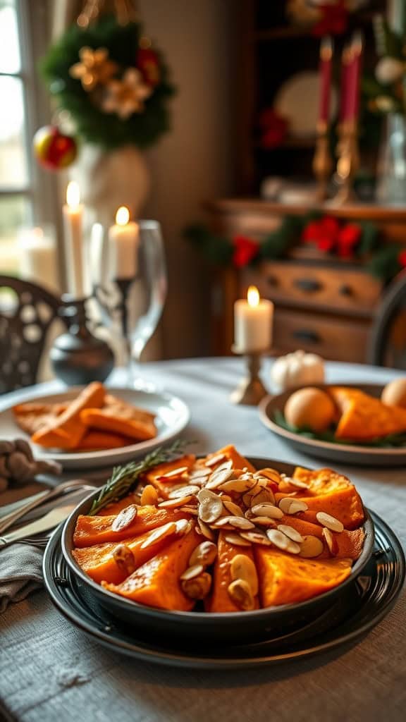 Sweet Potato Casserole with Toasted Almonds, a festive dish served on a holiday table