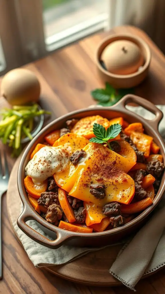 A casserole dish filled with sweet potato slices, ground beef, and melted cheese.