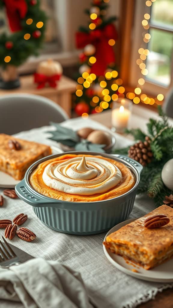 A creamy sweet potato cheesecake casserole with a graham cracker crust and topped with whipped cream and pecans, set on a festive table.