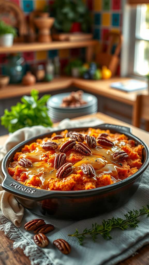 Sweet potato hashbrown casserole topped with pecans and drizzled with maple syrup