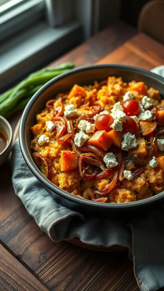 A delicious Sweet Potato Hashbrown Casserole topped with caramelized onions and goat cheese.