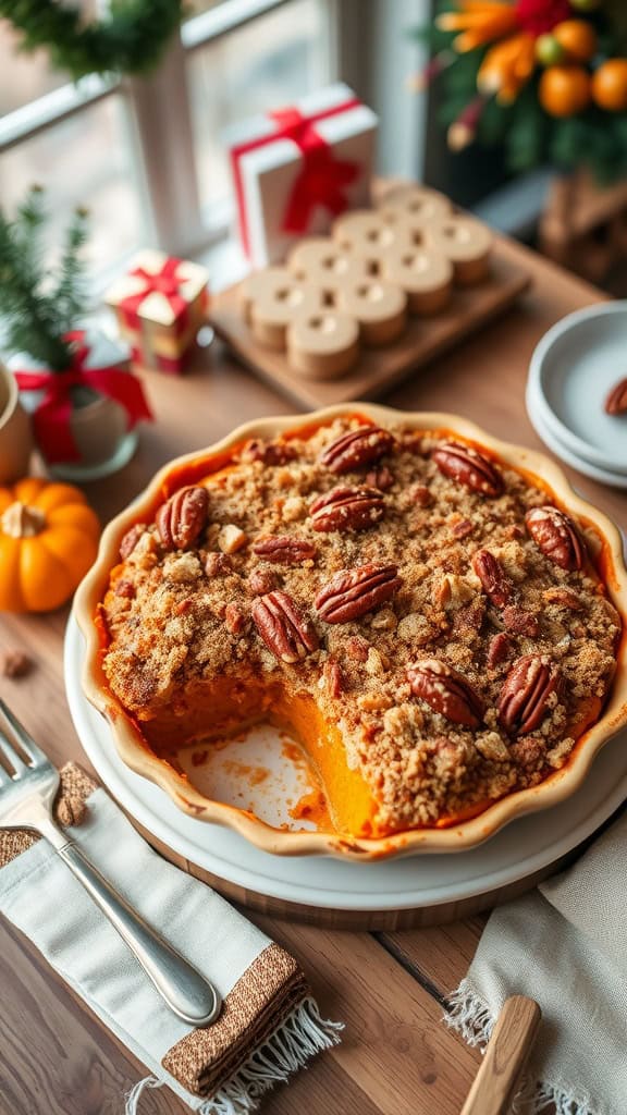 A delicious sweet potato pie-inspired casserole topped with pecans.