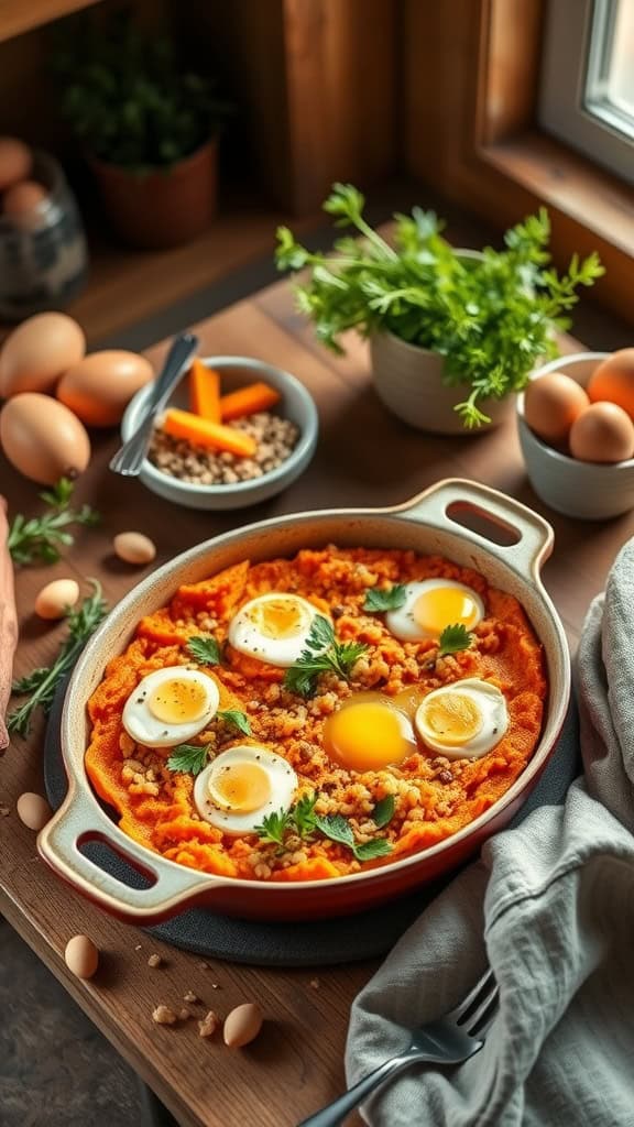 A colorful Sweet Potato Quinoa Breakfast Bake with eggs and garnished with green herbs.