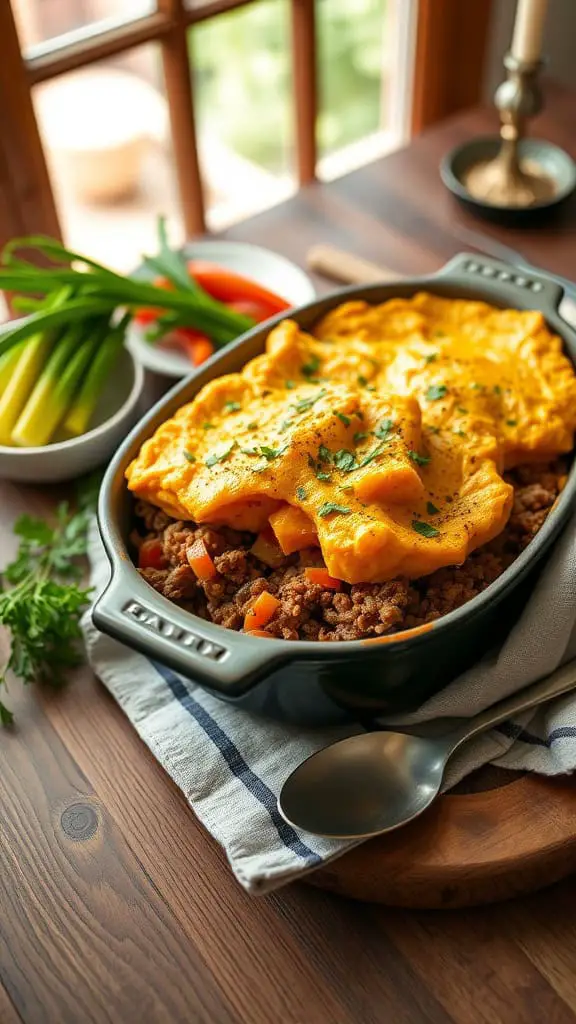 A delicious shepherd's pie with ground turkey and sweet potato topping.