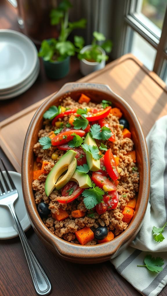 A delicious Sweet Potato Taco Casserole layered with roasted sweet potatoes, ground turkey, and topped with fresh salsa and herbs.