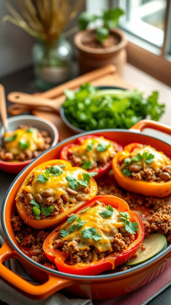 A colorful casserole of taco-stuffed bell peppers topped with cheese and cilantro.