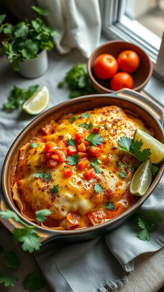 A delicious Taco-Style Chicken Cordon Bleu Casserole with layers of chicken, ham, and cheese topped with salsa and cilantro.