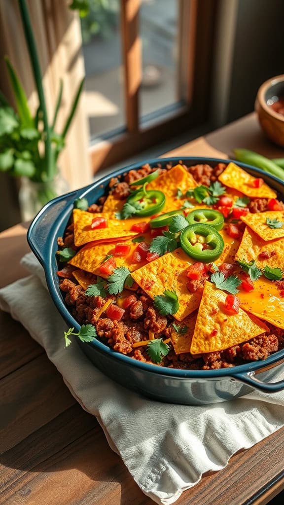 A delicious taco dinner casserole with layers of beef, tortilla chips, and cheese.