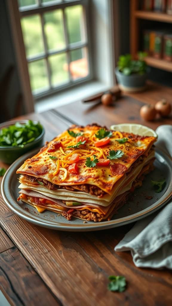 Taco lasagna casserole with layers of tortillas and toppings