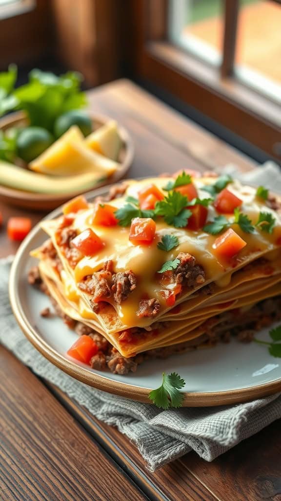 A delicious taco layered casserole with tortillas, seasoned beef, and topped with cheese.