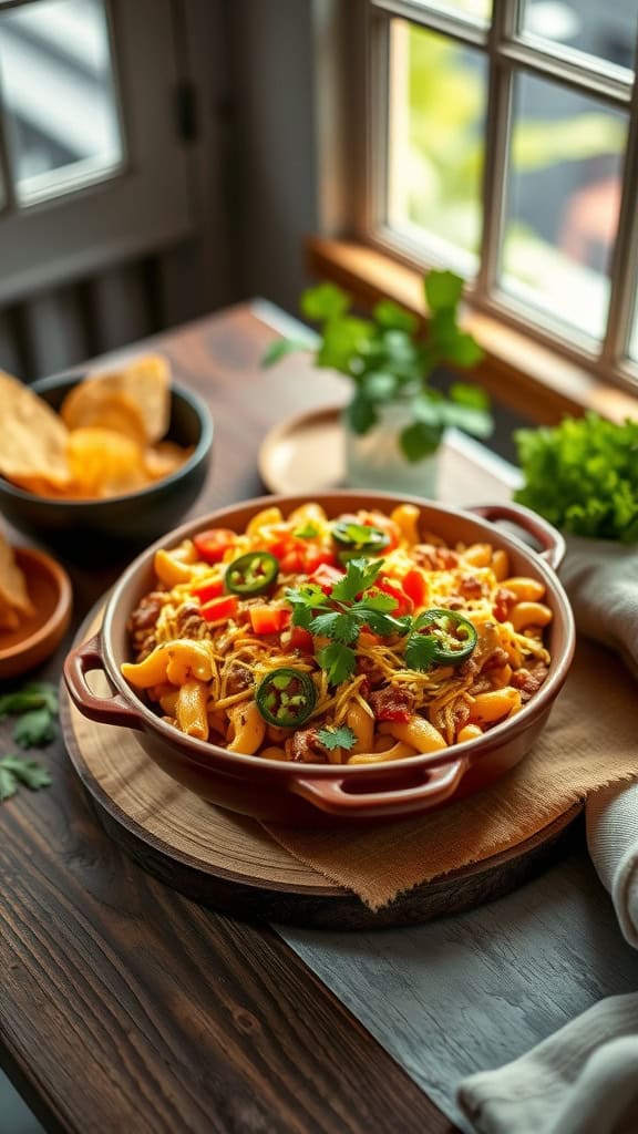 A hearty Taco Mac and Cheese Bake served in a casserole dish, topped with fresh ingredients.