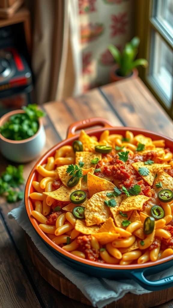 A dish of Taco Mac and Cheese Casserole topped with tortilla chips and garnished with cilantro.