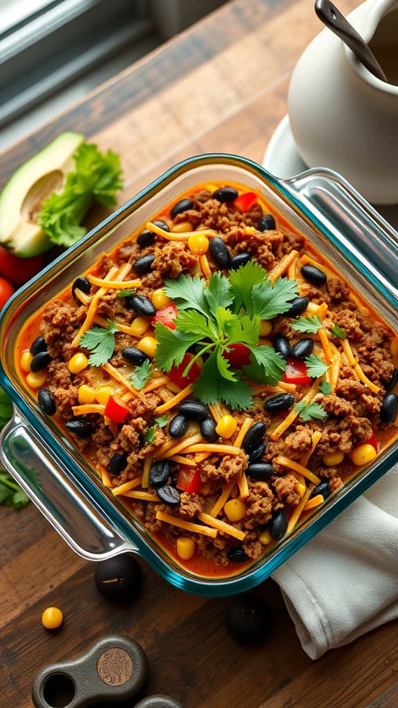 A colorful Taco Salad Casserole topped with lettuce and cheese, served in a glass baking dish.