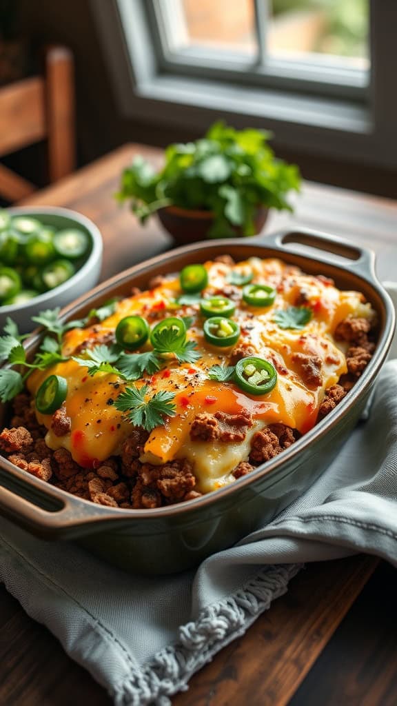 A delicious Taco Shepherd's Pie Casserole with taco-seasoned beef and mashed potatoes topped with cheese.