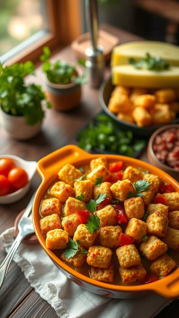 A delicious Taco Tater Tot Casserole topped with crispy tater tots, garnished with fresh cilantro.