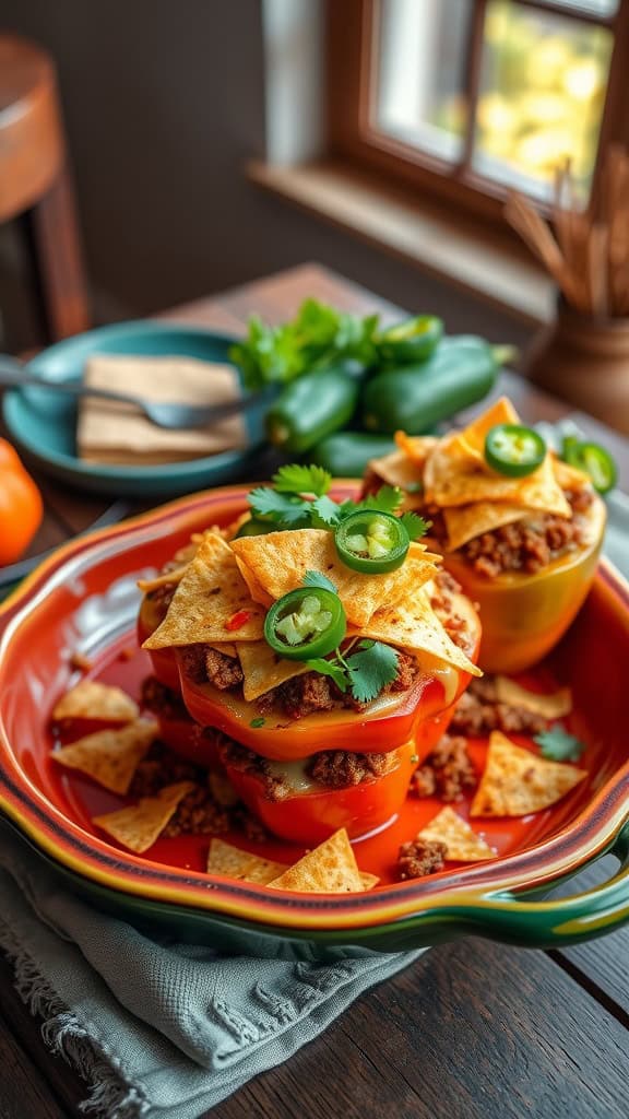 Colorful stuffed peppers filled with taco meat and topped with cheese and tortilla chips.