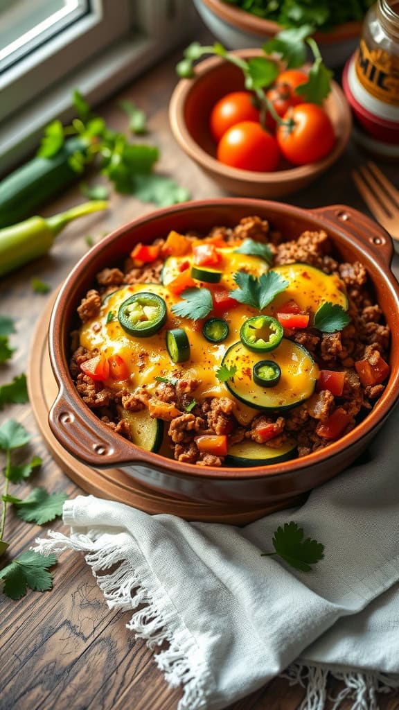 A delicious taco zucchini casserole topped with cheese and fresh vegetables