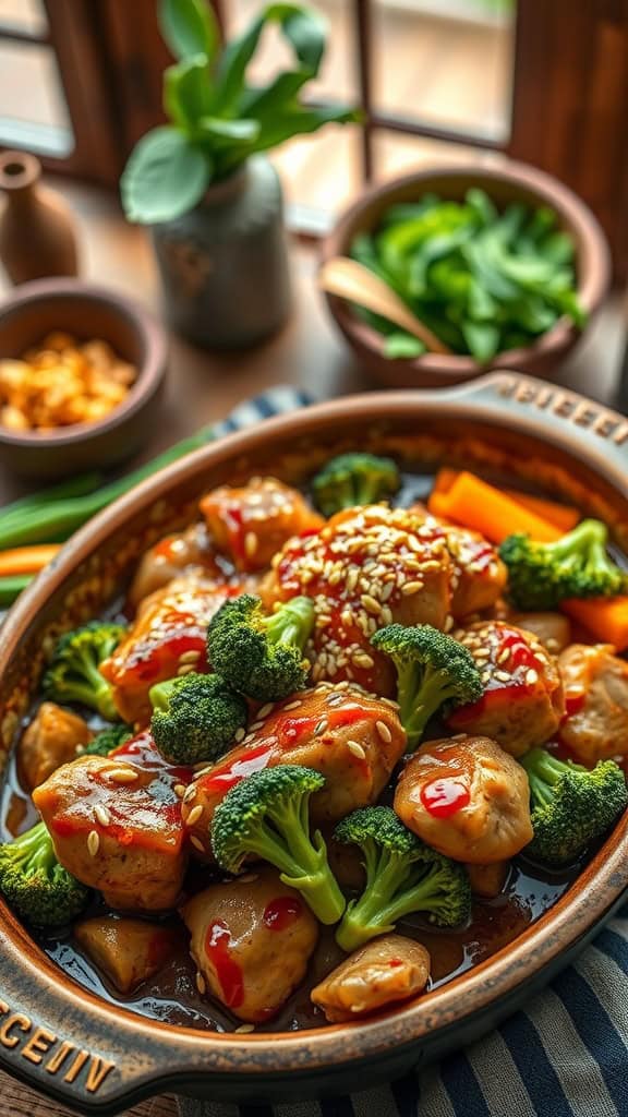 A delicious Teriyaki Chicken Broccoli Casserole with sesame seeds on top.