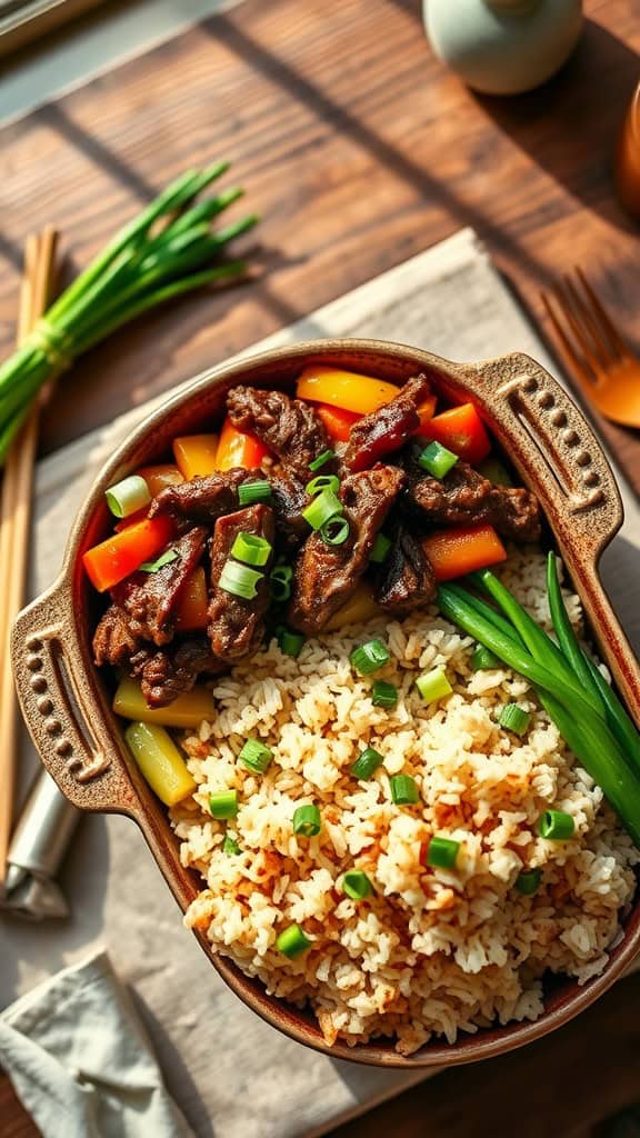 A delicious Teriyaki Hamburger Casserole with ground beef, rice, and vegetables.