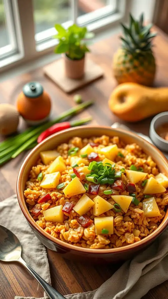 Delicious Teriyaki Pineapple Chicken Rice Bake served in a bowl