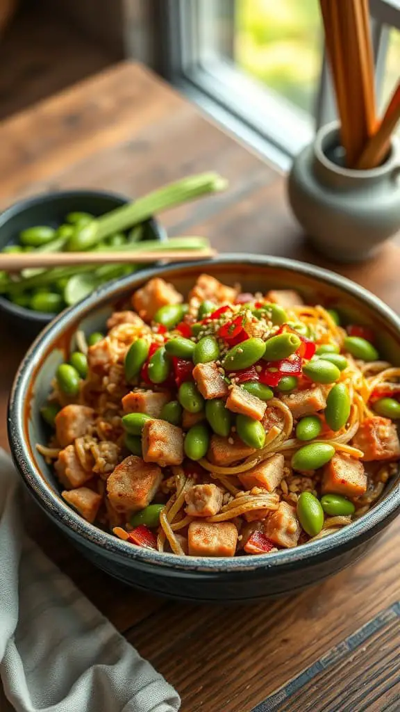 A bowl of Teriyaki Tuna Casserole topped with edamame and sesame seeds.