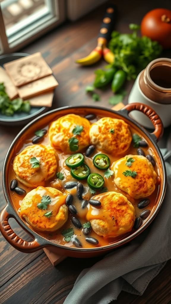 Tex-Mex Biscuit and Gravy Casserole with jalapeños and black beans