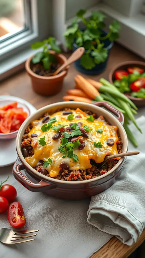 A Tex-Mex Black Bean Quinoa Bake topped with melted cheese and garnished with cilantro.