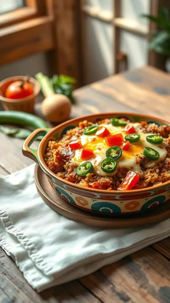 A delicious Tex-Mex breakfast casserole with layers of hashbrowns, jalapeños, and melted cheese.