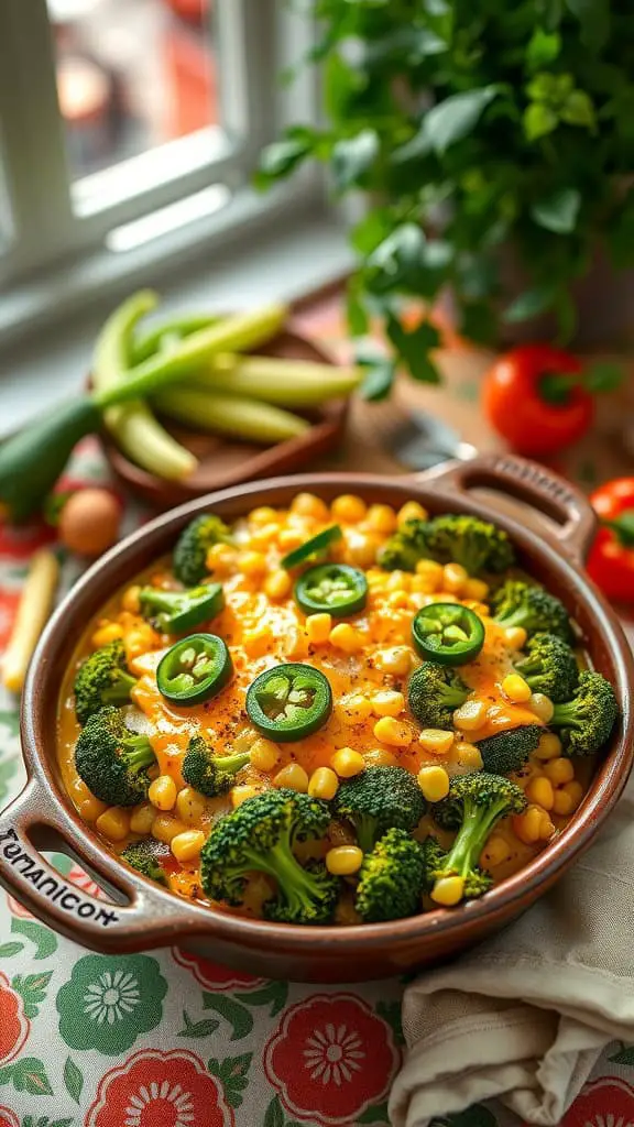 A colorful Tex-Mex broccoli casserole topped with jalapeños and cheese.