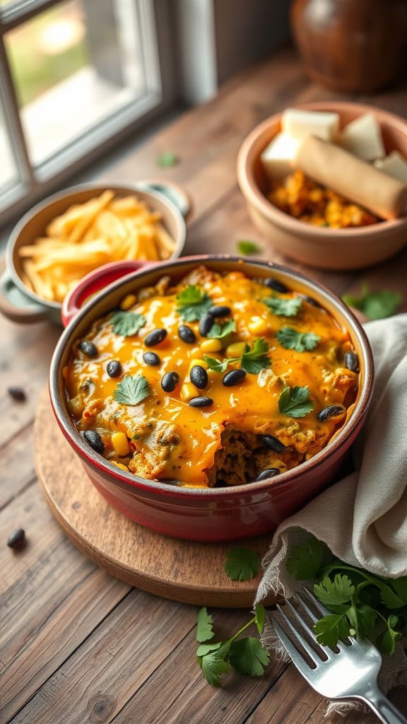 A baked Tex-Mex broccoli cheese casserole topped with black beans, corn, and cheese, garnished with cilantro.