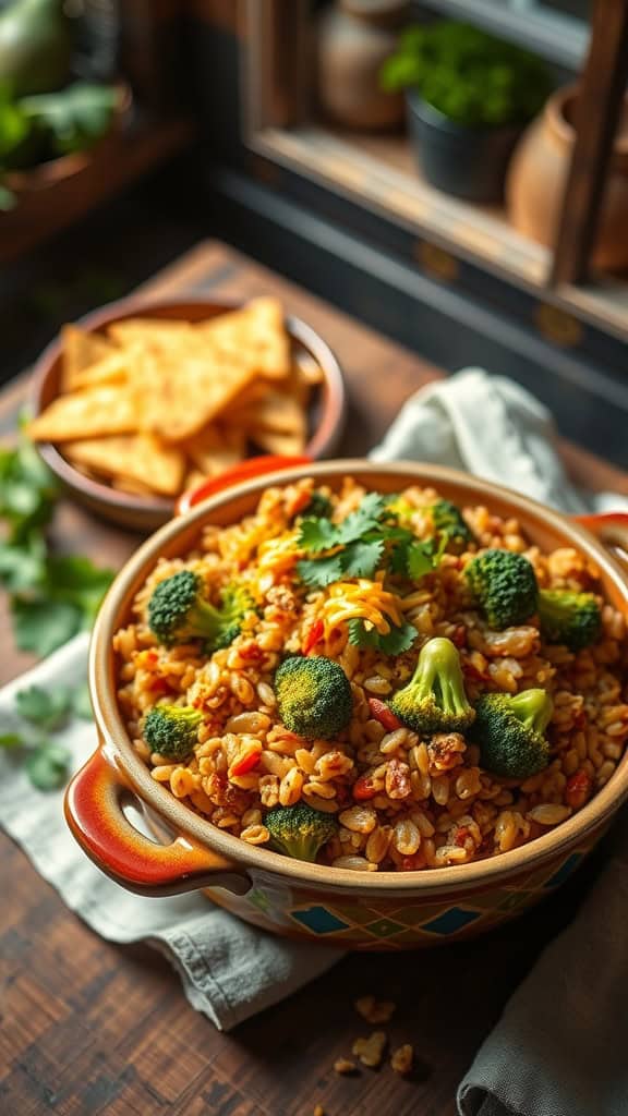 A hearty Tex-Mex broccoli rice casserole topped with cheese and garnished with fresh herbs.