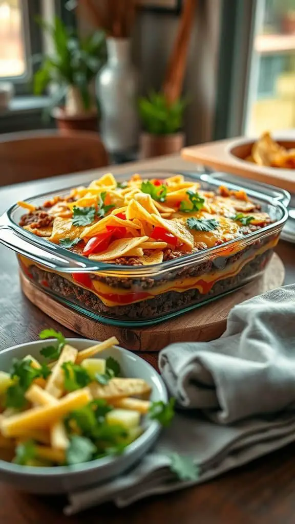 A delicious Tex-Mex cheeseburger casserole with toppings.