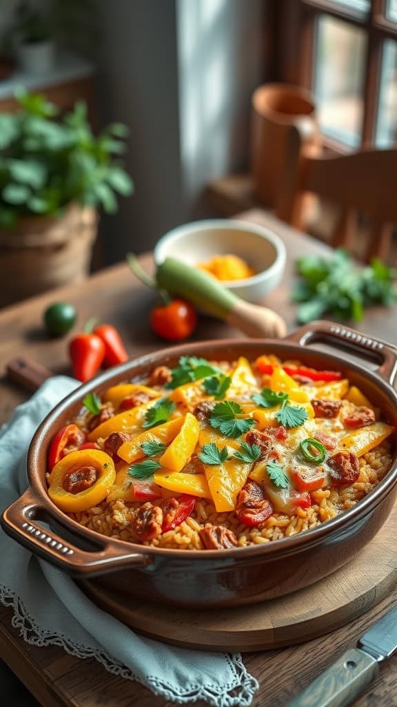 A colorful Tex-Mex chicken and squash rice casserole with vibrant vegetables and melted cheese.