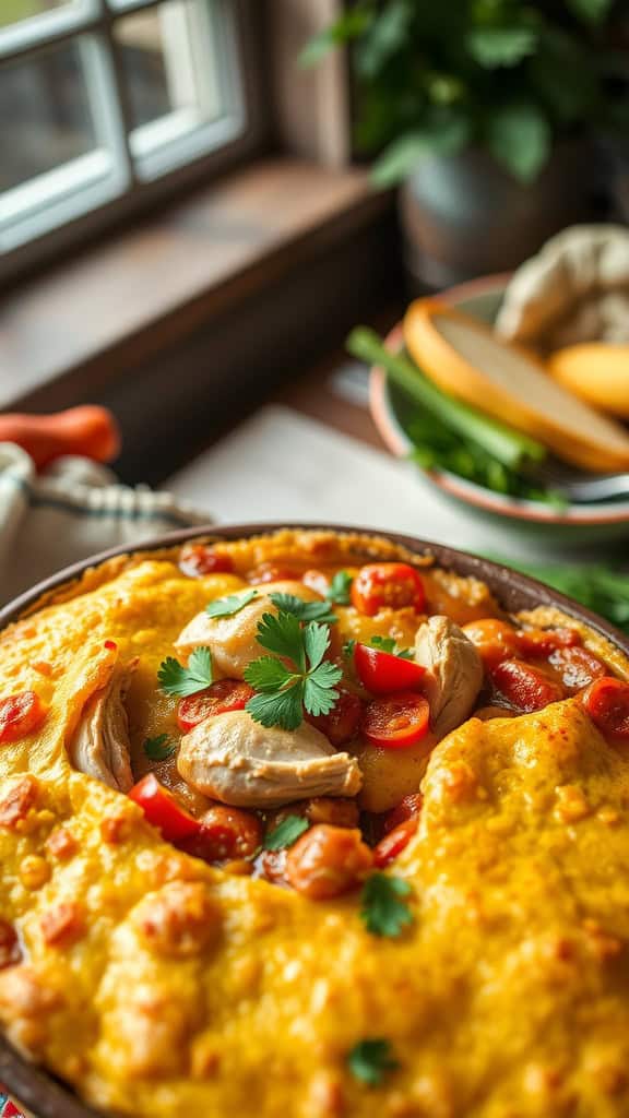 A delicious Tex-Mex Chicken Pot Pie Casserole with a cornbread crust.