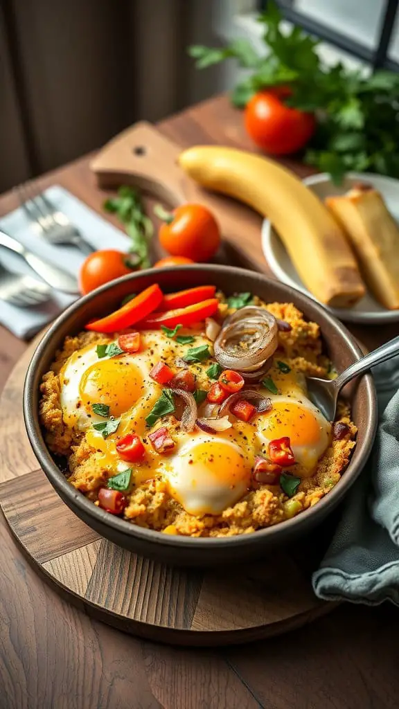 A delicious Tex-Mex Cornbread Egg Casserole topped with eggs, peppers, and cheese.