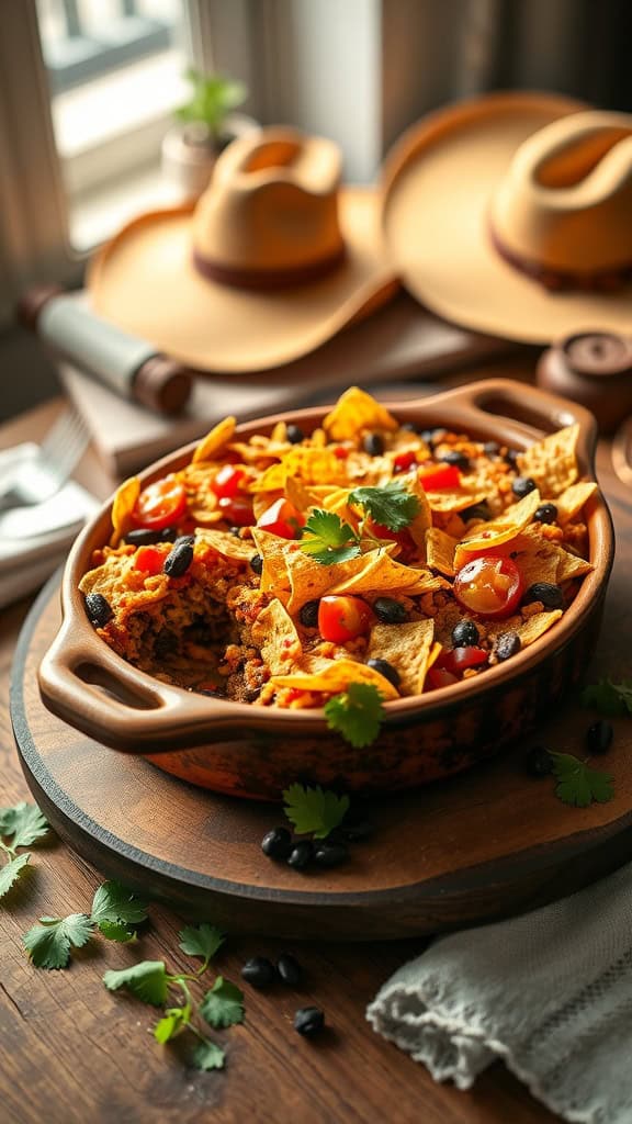 A serving of Tex-Mex Cowboy Casserole with layers of ground beef, black beans, and crushed tortilla chips topped with cheese.