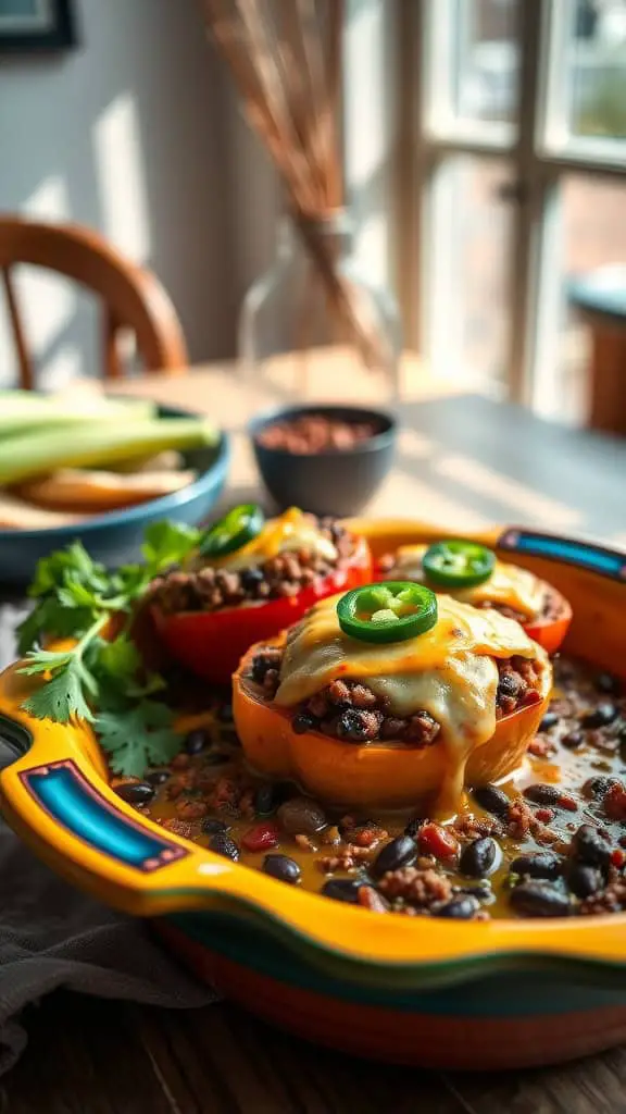 A colorful and appetizing Tex-Mex stuffed pepper casserole with ground beef, black beans, and melted cheese.