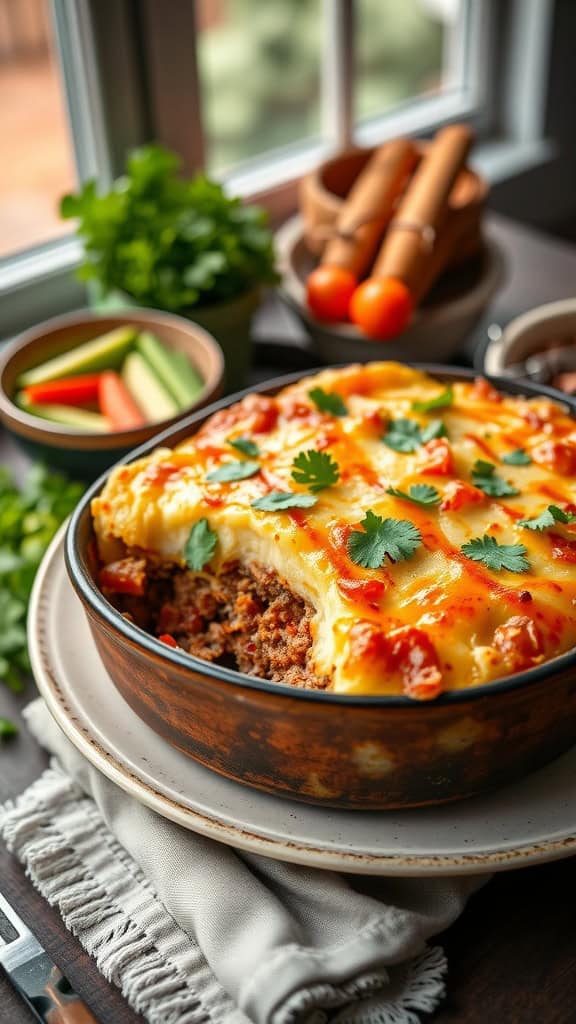 A delicious Tex-Mex Shepherd's Pie with a cheesy mashed potato topping.