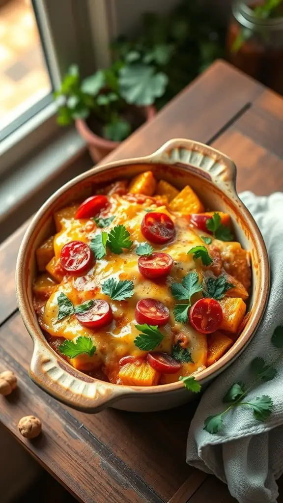 A hearty Tex-Mex Squash Enchilada Casserole topped with cheese, tomatoes, and cilantro.