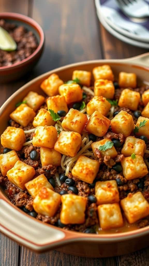 Tex-Mex Tater Tot Casserole with ground beef, black beans, and cheese