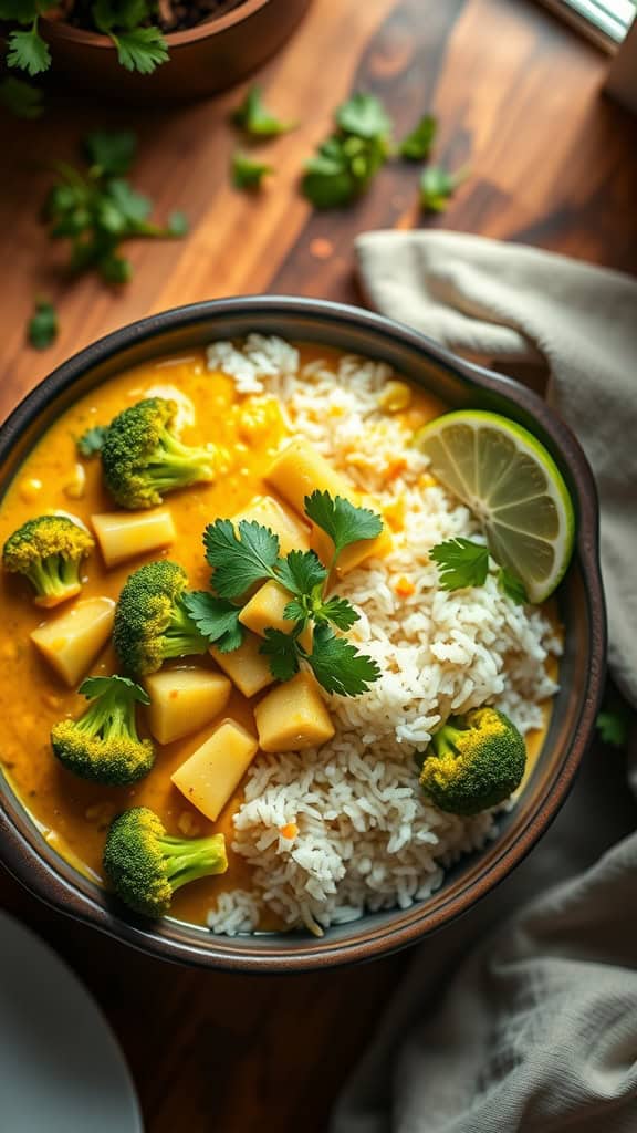 A bowl of Thai Coconut Curry Broccoli Rice Casserole topped with fresh cilantro and lime.