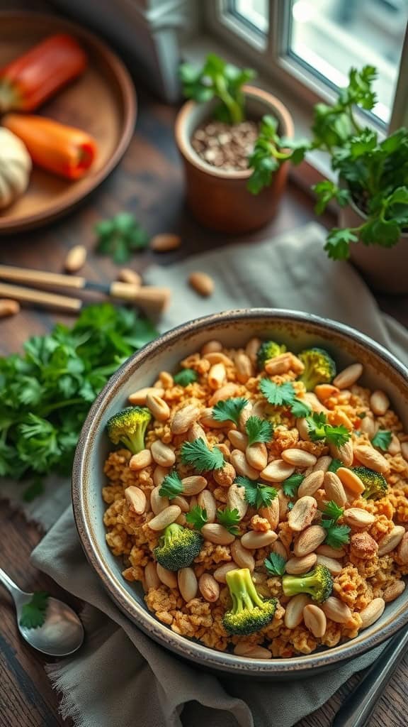 A bowl of Thai peanut chicken broccoli bake topped with peanuts and cilantro