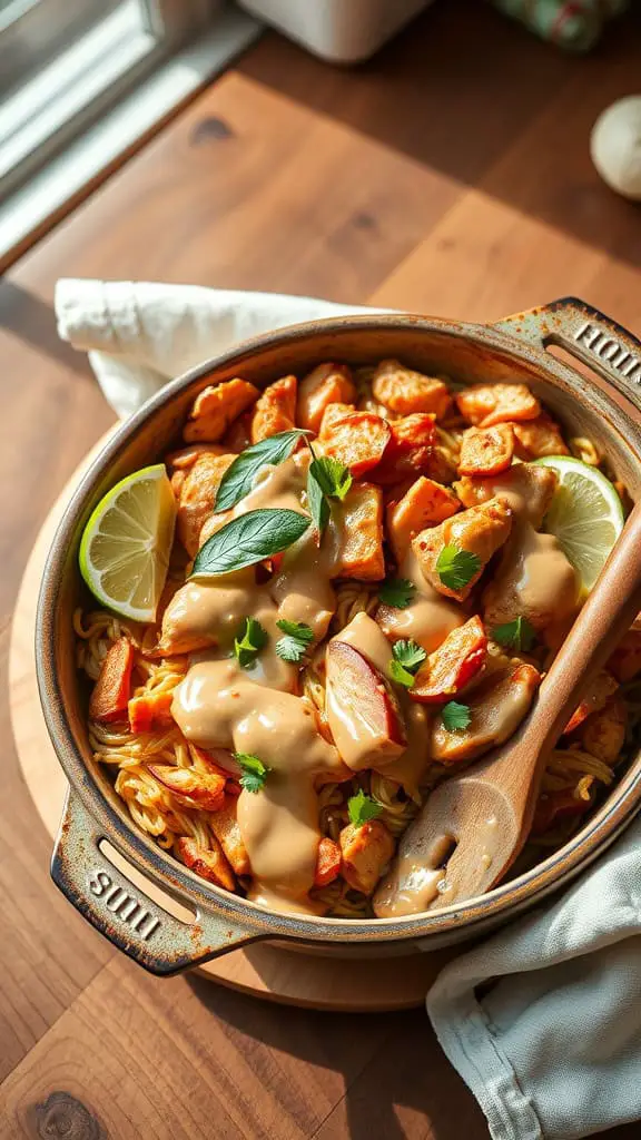 A delicious Thai Peanut Chicken Cordon Bleu Casserole topped with creamy peanut sauce and garnished with lime and herbs.