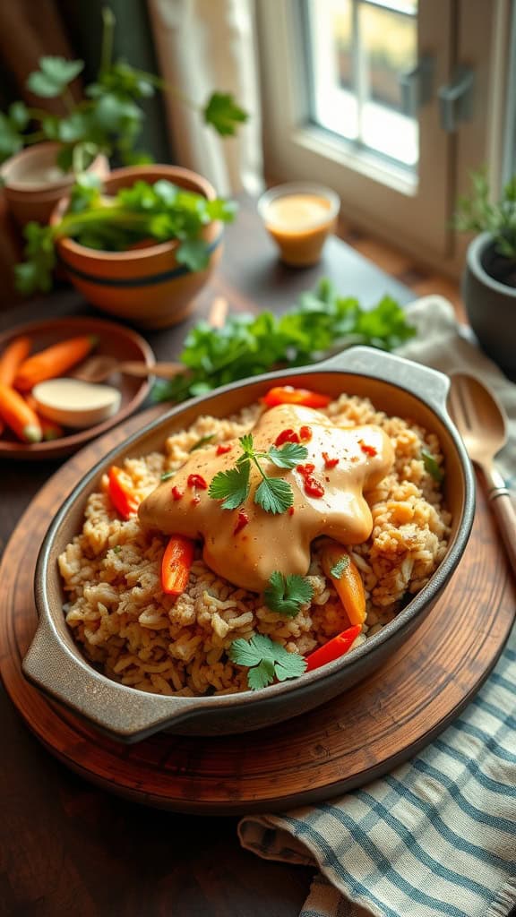 A delicious serving of Thai Peanut Chicken Rice Bake topped with peanut sauce and garnished with herbs.