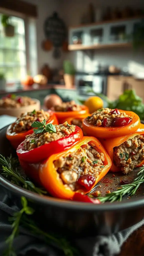 A colorful, hearty Thanksgiving Stuffed Pepper Casserole featuring layers of turkey, stuffing, and cranberry sauce.