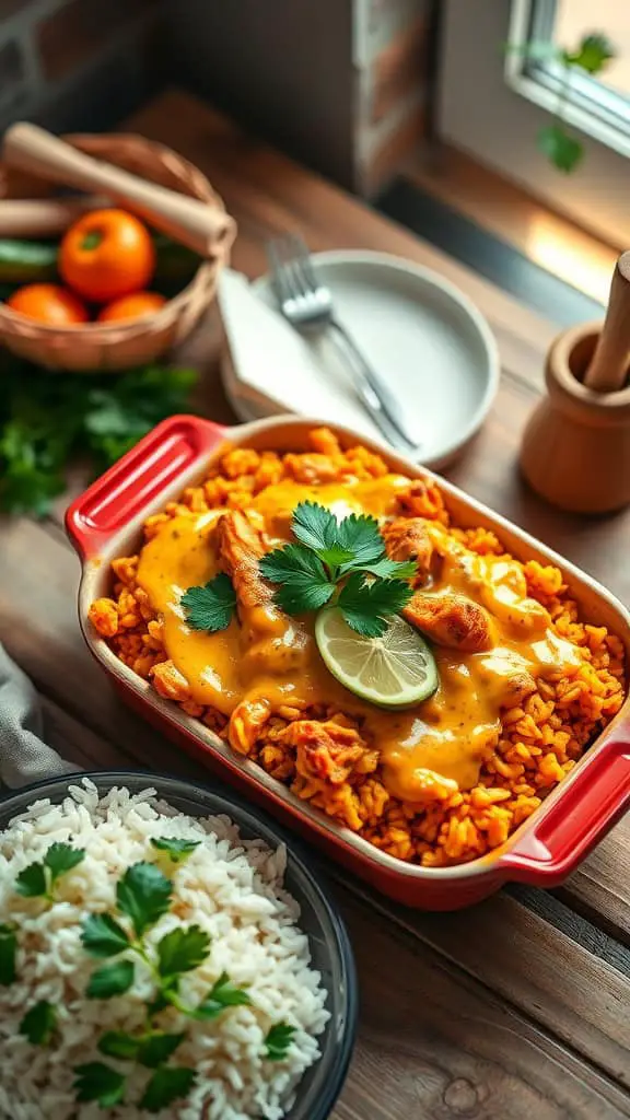 A deliciously creamy Tikka Masala chicken rice casserole with garnishes, served with a side of fluffy white rice.