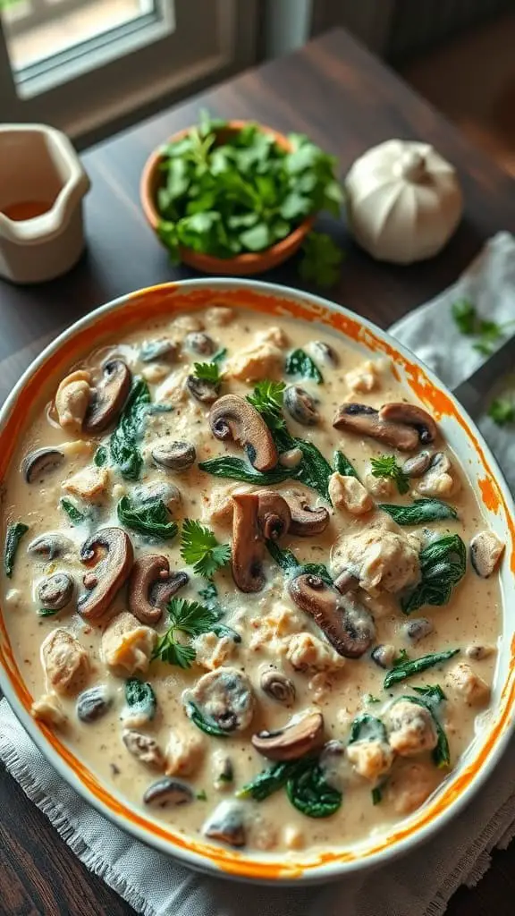 A creamy tuna casserole with spinach and mushrooms ready to be served.